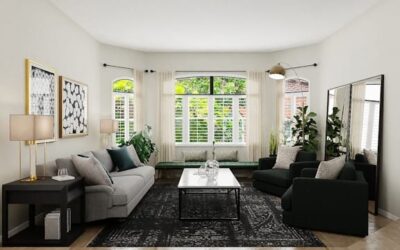 Modern living room with gray sofa, dark green chairs, decorative art, and large windows, emphasizing cleanliness and comfort, relevant to carpet cleaning and home health.