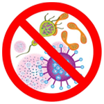 Illustration of germs and viruses with a red "no" symbol, emphasizing the importance of sanitation and cleanliness in preventing the spread of harmful organisms, relevant to COVID-19 cleaning protocols.