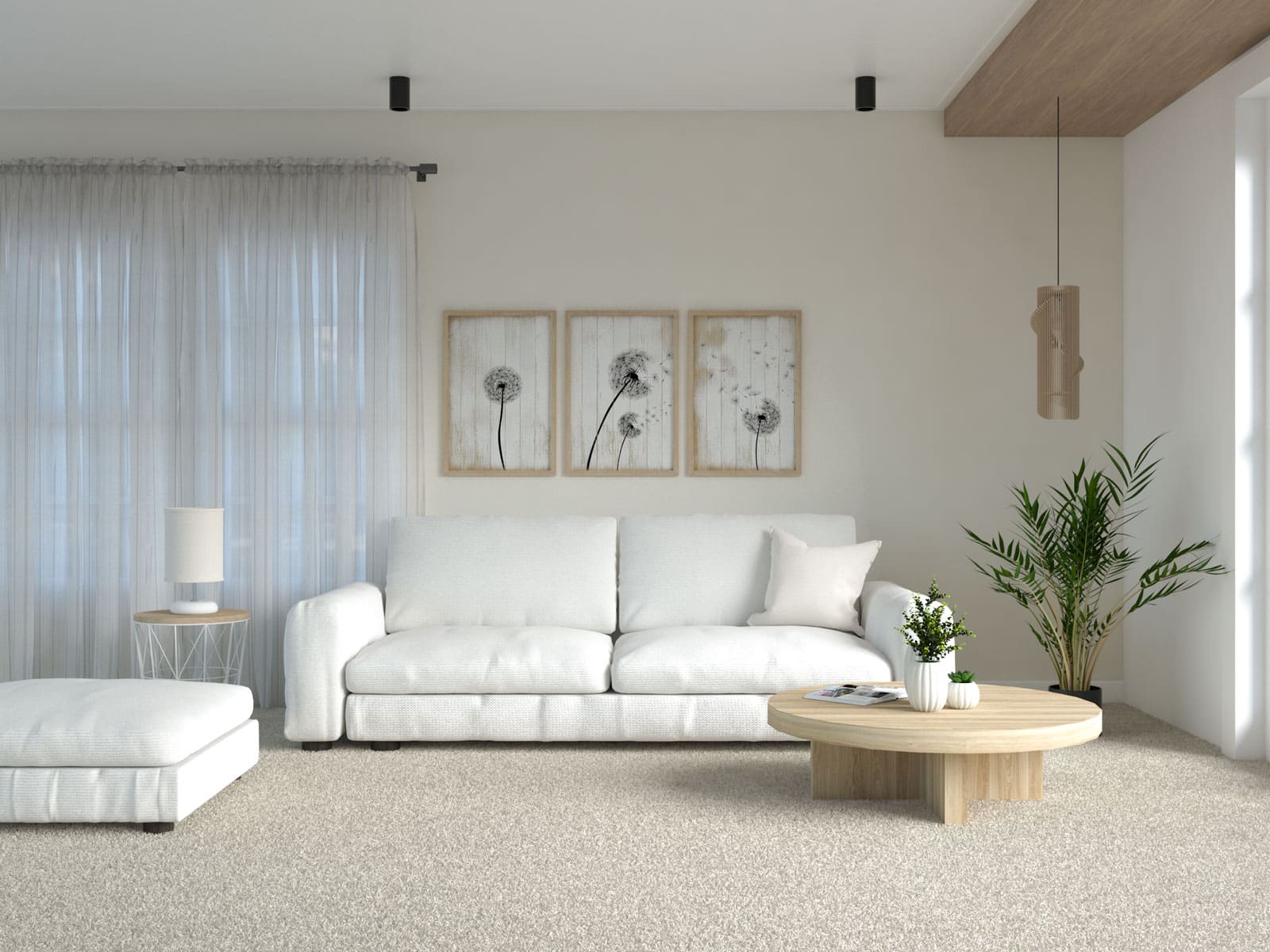 Beige wool carpeting with soft white leather couch