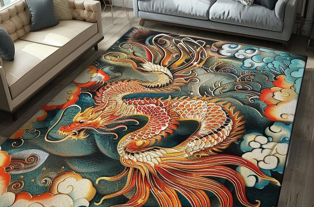 Colorful dragon design on area rug in a modern living room setting, emphasizing eco-friendly rug restoration and cleaning services by Wiz Team.
