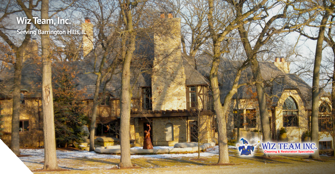 Wiz Team, Inc. logo and elegant home in Barrington Hills, IL, surrounded by trees, representing professional cleaning services for upscale residences.