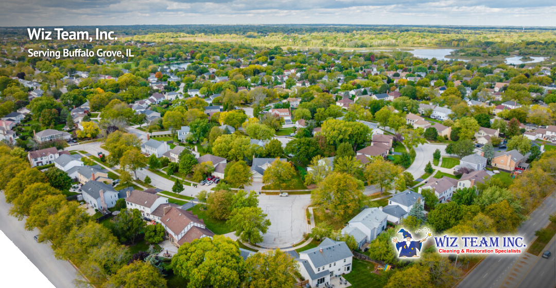 Aerial view of Buffalo Grove, IL, showcasing residential neighborhoods with trees and homes, featuring the Wiz Team, Inc. logo emphasizing their cleaning services in the area.