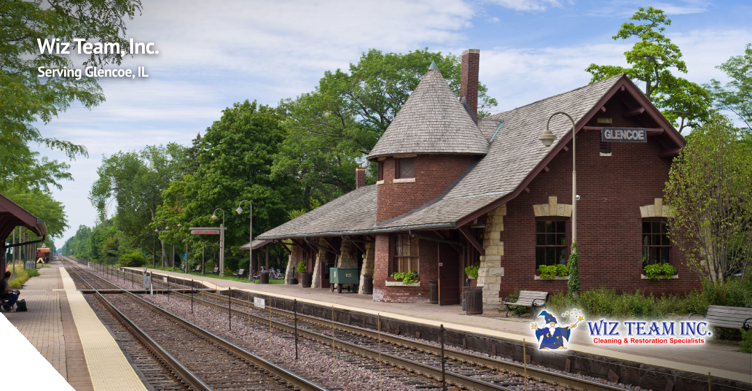 Historic Glencoe train station surrounded by lush greenery, featuring a distinctive architectural style, with the logo of Wiz Team, Inc. prominently displayed, emphasizing local cleaning services in Glencoe, IL.
