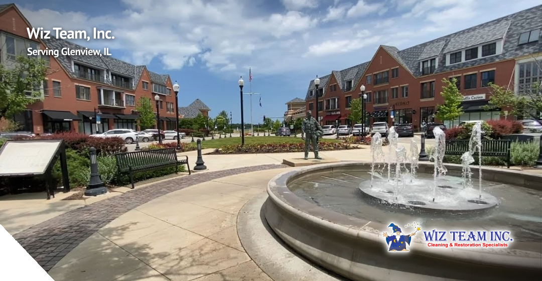 Wiz Team Inc. logo and text overlay, scenic Glenview, IL plaza with fountain, benches, and shops, highlighting community charm and service area.