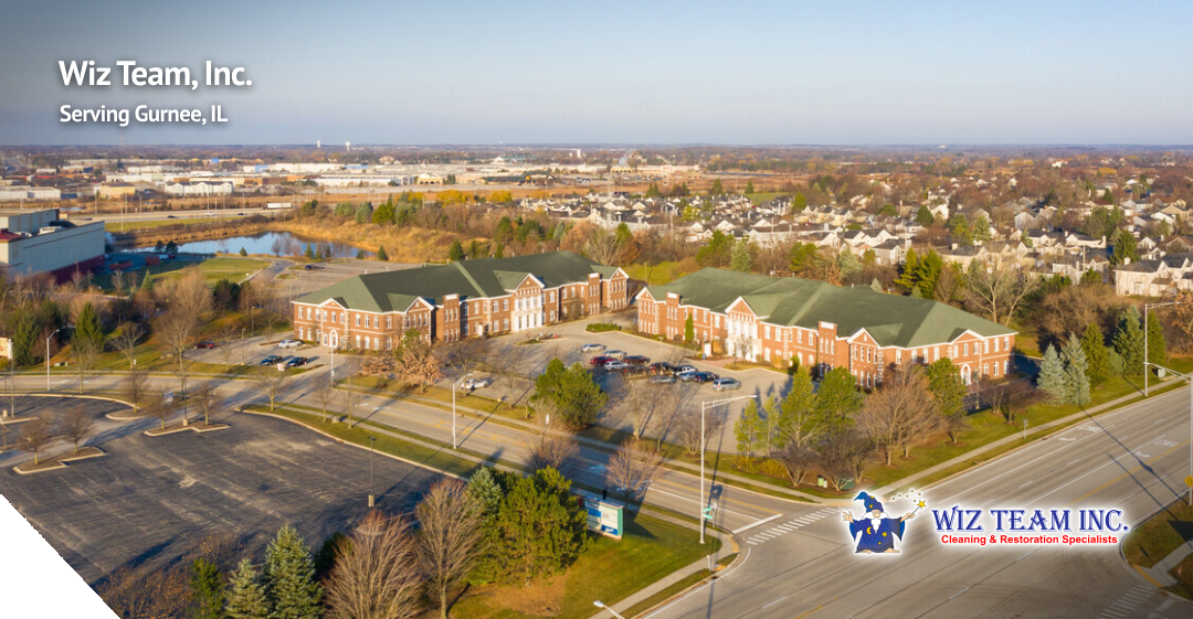 Aerial view of Wiz Team, Inc. building in Gurnee, IL, showcasing the company's location and surrounding residential area, emphasizing expert cleaning services for homes and businesses.
