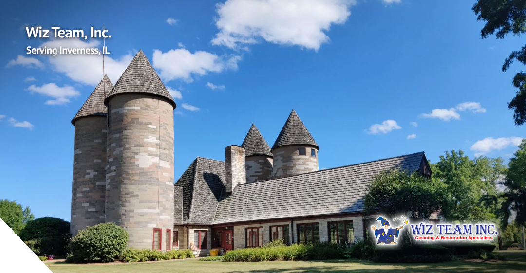 Wiz Team, Inc. logo and distinctive home with turreted architecture in Inverness, IL, surrounded by lush greenery and blue sky.