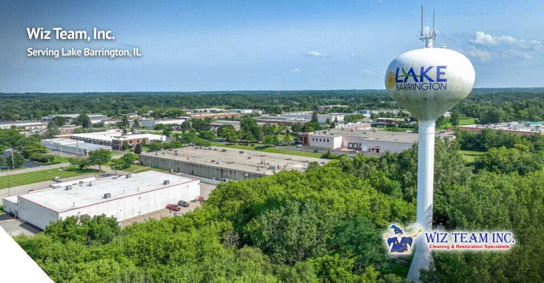 Wiz Team, Inc. logo and water tower labeled "Lake Barrington" overlooking the community, with lush greenery and commercial buildings in the background, representing cleaning services in Lake Barrington, IL.