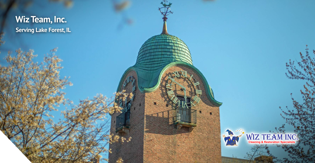 Clock tower with green dome and brick structure, featuring "Wiz Team, Inc." logo, representing cleaning services in Lake Forest, Illinois.