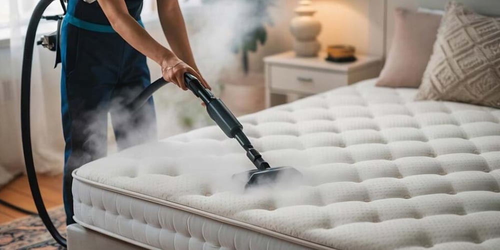 Person using a steam cleaner on a mattress, demonstrating professional cleaning techniques for upholstery and bedding in a cozy indoor setting.