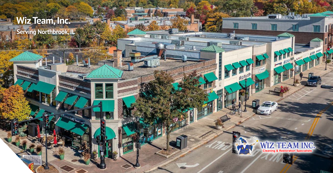 Aerial view of a commercial building in Northbrook, IL, featuring green awnings, vibrant fall foliage, and signage for Wiz Team Inc., a carpet and upholstery cleaning service.