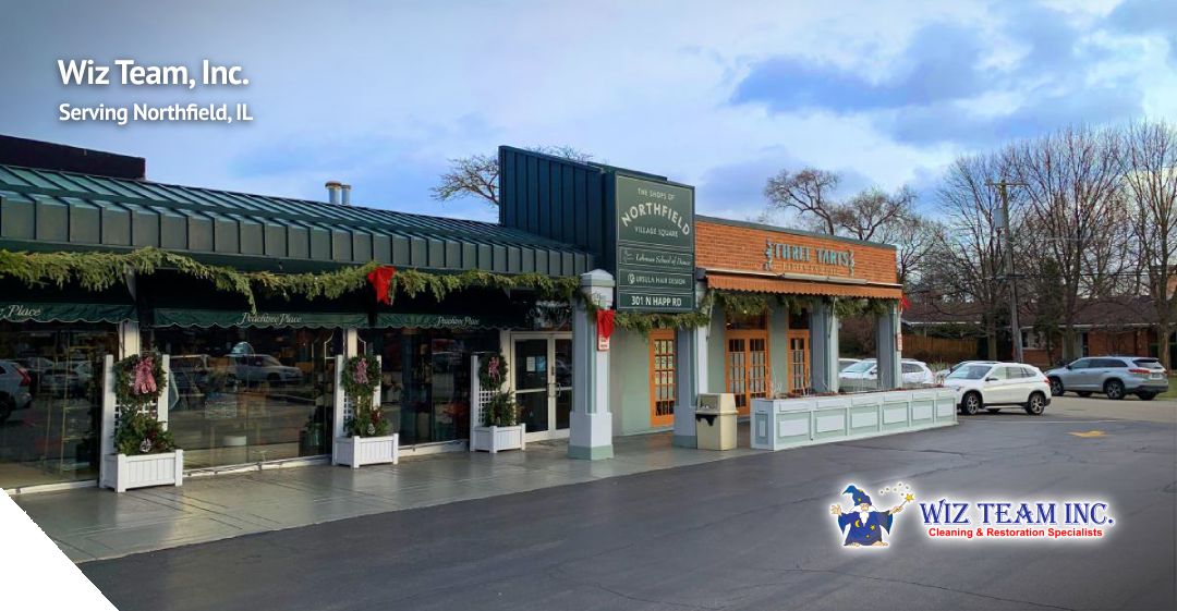 Wiz Team, Inc. storefront in Northfield, IL, showcasing local businesses, festive decorations, and a welcoming atmosphere.