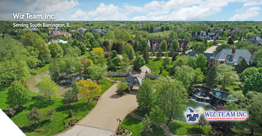 Aerial view of lush green landscape and upscale homes in South Barrington, IL, featuring Wiz Team, Inc. branding, emphasizing professional cleaning services for local residences and businesses.