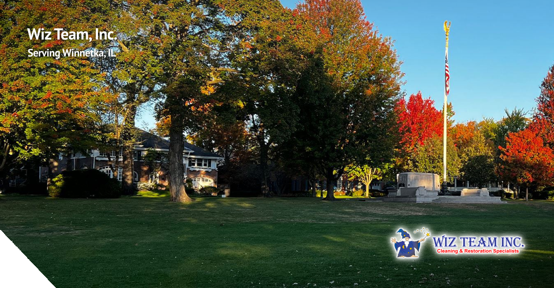 Wiz Team, Inc. logo overlay on a scenic view of Winnetka, IL, showcasing colorful autumn trees and a flagpole in a park setting, highlighting the community's charm and elegance.