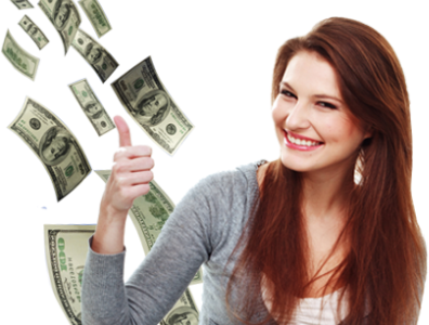 Smiling woman giving a thumbs up with flying dollar bills, representing savings and discounts on cleaning services from Wiz Team Inc.