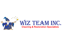 Wiz Team Inc. logo featuring a wizard and text "Cleaning & Restoration Specialists," representing high-quality carpet and upholstery cleaning services.