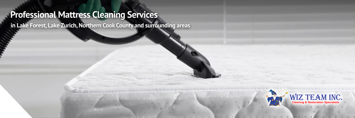 Professional mattress cleaning service in action, featuring a vacuum attachment on a mattress, promoting Wiz Team, Inc.'s hypoallergenic and eco-friendly cleaning solutions for improved sleep quality in Lake Forest, Lake Zurich, and Northern Cook County.