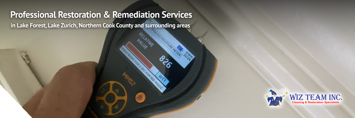 Professional moisture meter reading indicating high moisture levels for restoration and remediation services by Wiz Team, Inc. in Lake Forest and surrounding areas.