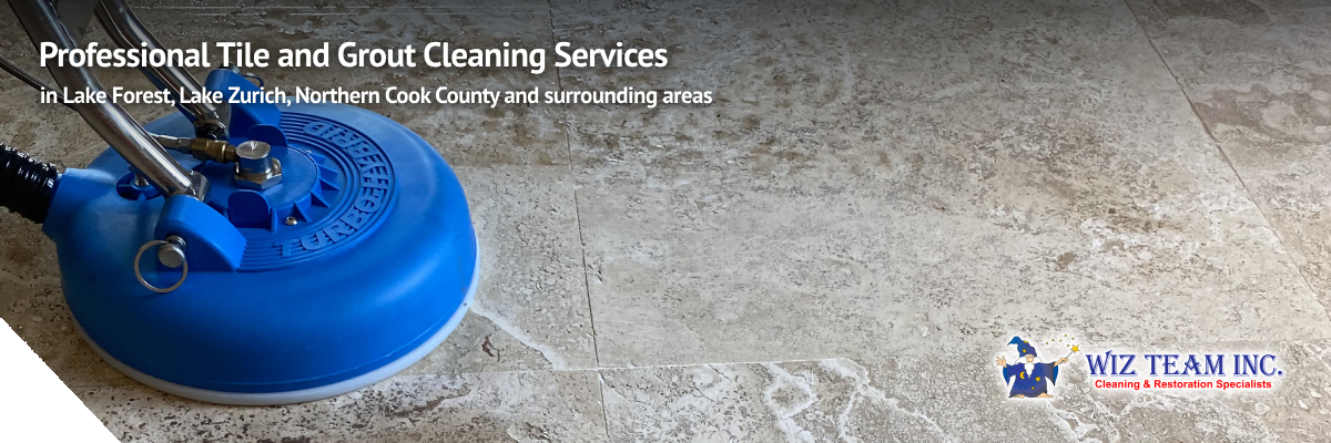 Professional tile and grout cleaning service equipment on tile floor, showcasing Wiz Team, Inc. branding, emphasizing cleaning solutions in Lake Forest, Lake Zurich, and surrounding areas.