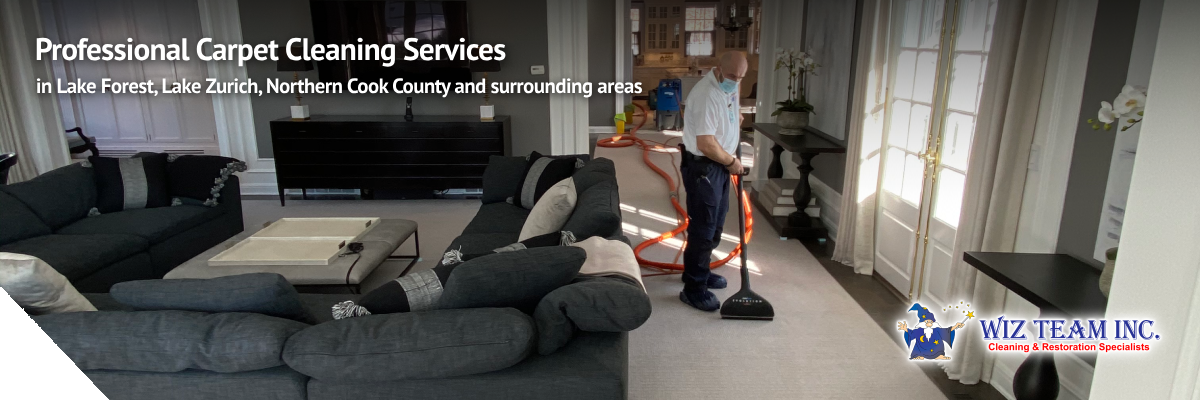 Professional carpet cleaning service in a Lake Forest home, technician using equipment on light carpet, modern living room setting with dark furniture and elegant decor, Wiz Team Inc. branding visible.