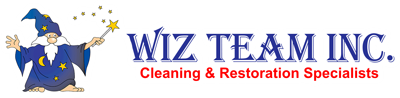 Wiz Team Inc. logo featuring a wizard character, emphasizing cleaning and restoration services for indoor air care.