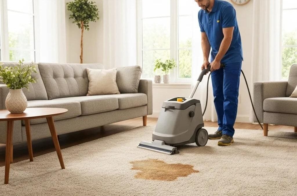 Man using a carpet cleaning machine to remove a stain from a beige carpet in a bright living room setting, emphasizing professional carpet stain removal services in Lake Forest, IL.