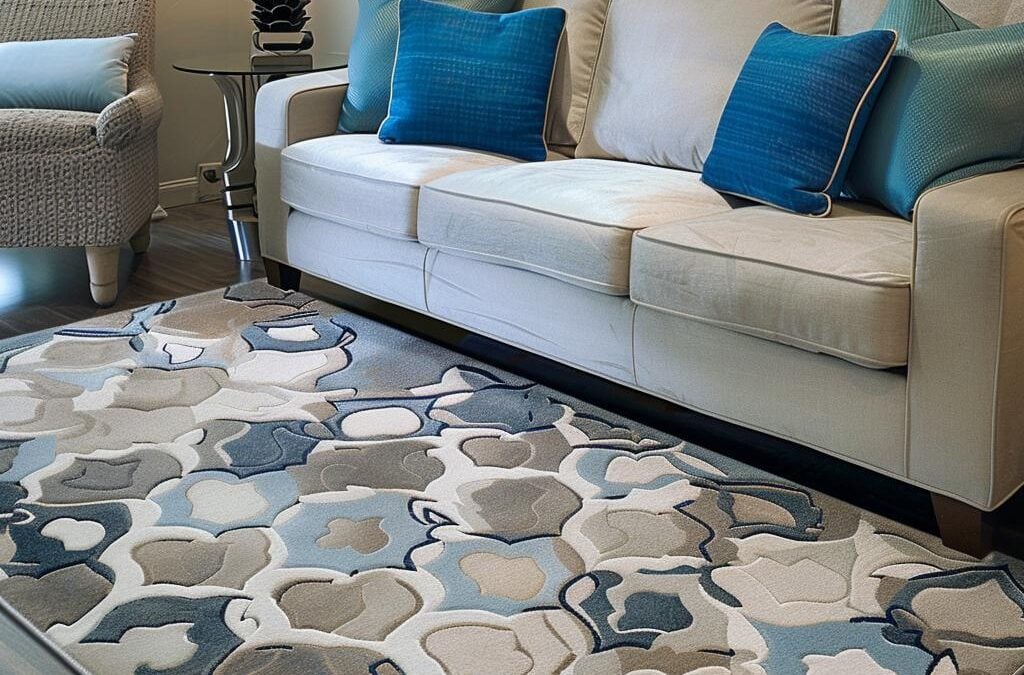 Modern area rug with abstract pattern in shades of blue and gray, enhancing a cozy living room setting with a light-colored sofa and decorative pillows, emphasizing the importance of professional cleaning for maintaining indoor aesthetics and air quality in Lake Forest homes.