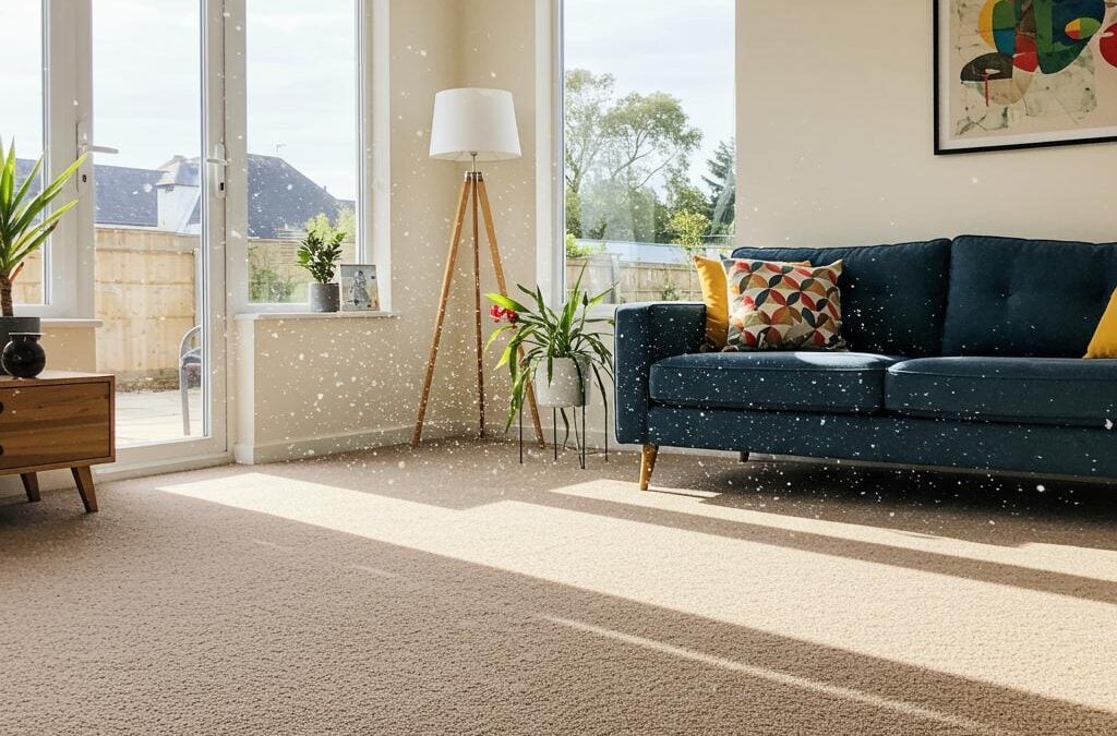 Bright living room with a blue sofa, decorative pillows, and sunlight illuminating the carpet, showcasing a clean and inviting space ideal for carpet care and stain prevention.