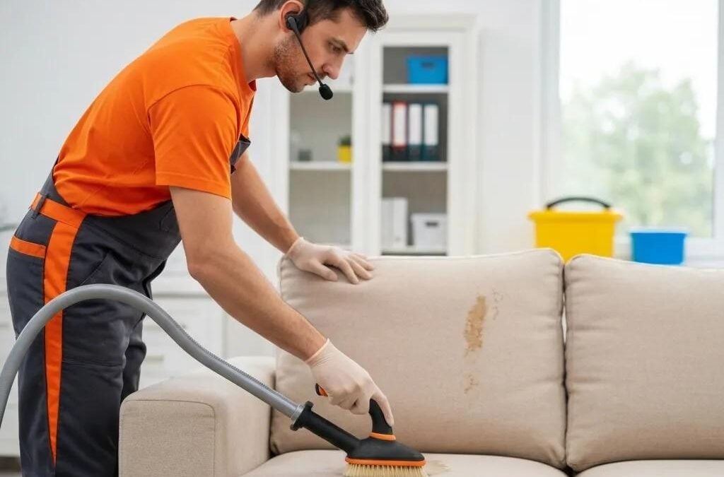 Professional upholstery cleaner using a vacuum tool on a stained sofa in a bright living space, emphasizing eco-friendly cleaning methods in Lake Forest, IL.