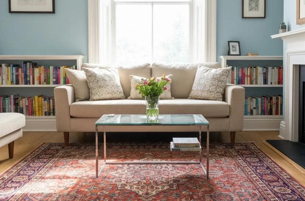 Cozy living room featuring a Persian rug, beige sofa with decorative pillows, glass coffee table, and bookshelves filled with colorful books, emphasizing the importance of professional oriental rug cleaning services.