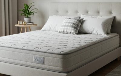 Modern mattress on a bed with decorative pillows and a plant, emphasizing deep mattress cleaning for improved indoor air quality and comfort.