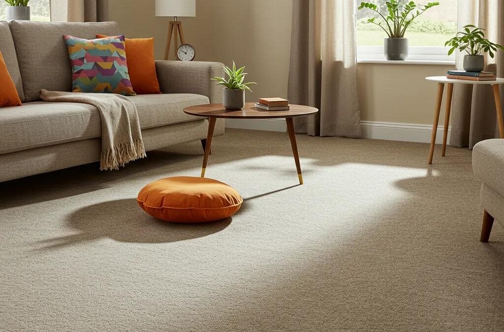 Cozy living room setting featuring a light gray sofa with colorful cushions, a wooden coffee table, an orange floor cushion, and potted plants, illustrating a clean and inviting space ideal for area rug care and maintenance.