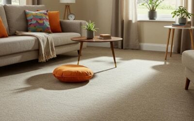 Cozy living room with a light-colored sofa, colorful cushions, a round coffee table, and a bright orange floor cushion on clean, well-maintained carpet, illustrating the importance of professional carpet cleaning for enhancing indoor spaces.