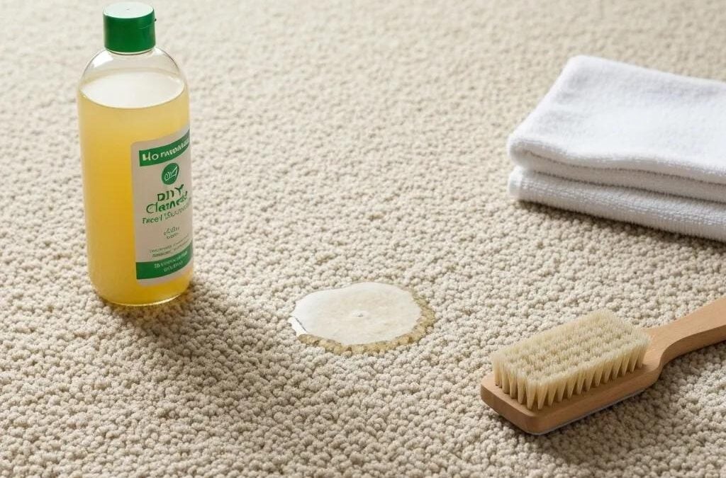 Bottle of DIY carpet cleaner and brush next to a stubborn stain on beige carpet, illustrating common DIY cleaning challenges discussed in carpet care article.