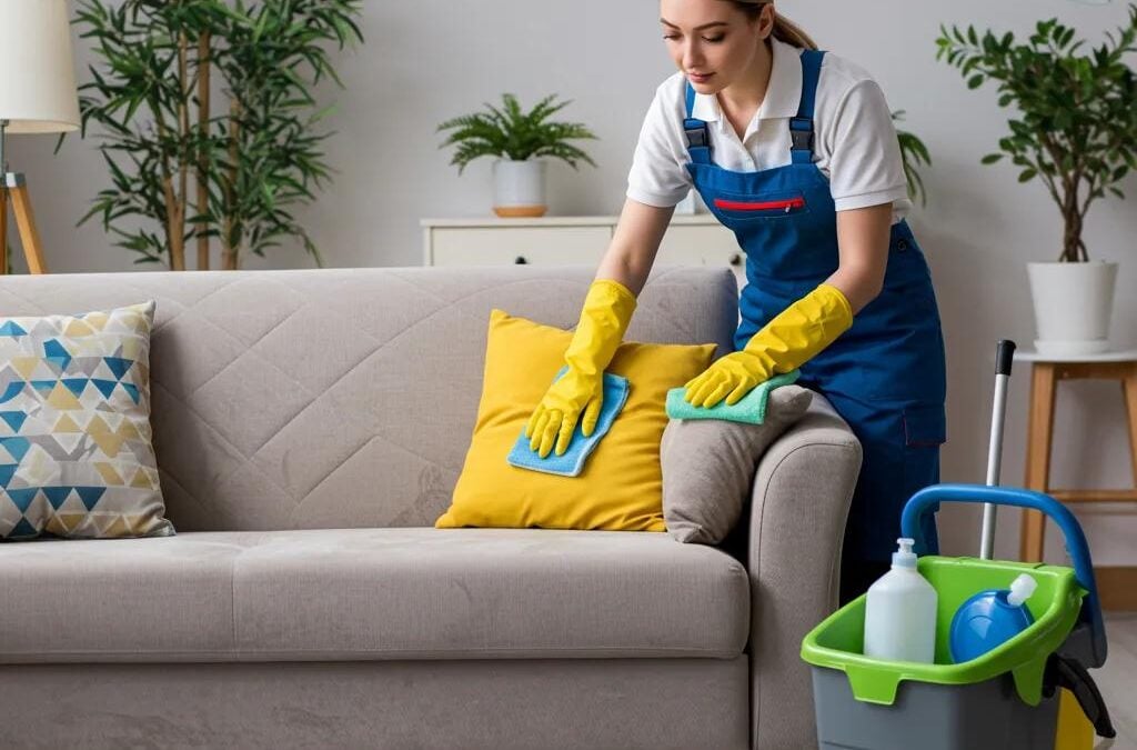 Professional cleaner using eco-friendly techniques to clean upholstery on a sofa with colorful cushions, promoting gentle furniture care and indoor air quality.