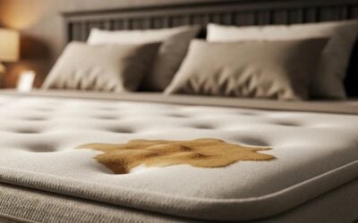 Mattress with visible stain, highlighting the importance of professional cleaning for maintaining indoor air quality and prolonging mattress life, relevant to cleaning services in Lake Forest, IL.