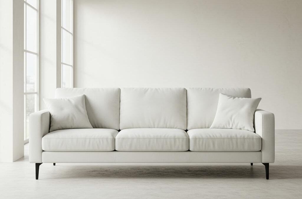Modern white sofa with plush cushions in a bright, minimalistic room, emphasizing upholstery care and professional cleaning considerations.
