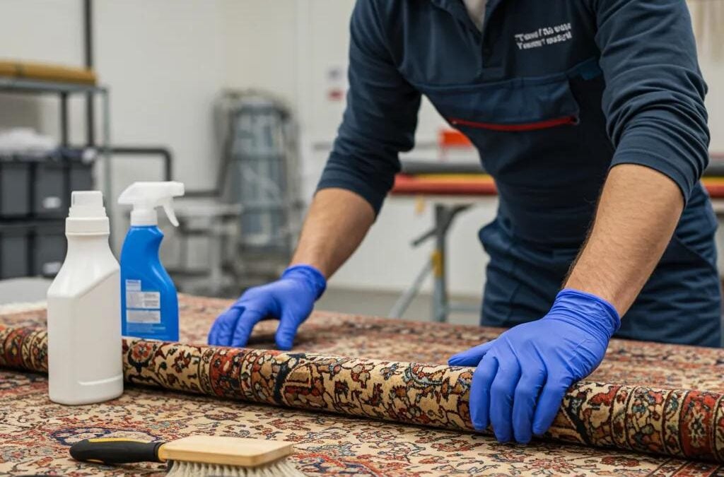 Professional technician inspecting area rug with cleaning tools, including spray bottles and brush, emphasizing expert rug cleaning services for enhanced home hygiene in Lake Forest.