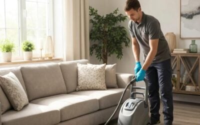 Technician performing professional upholstery cleaning on a light gray sofa in a bright living room, showcasing high-quality cleaning service by Wiz Team Inc.