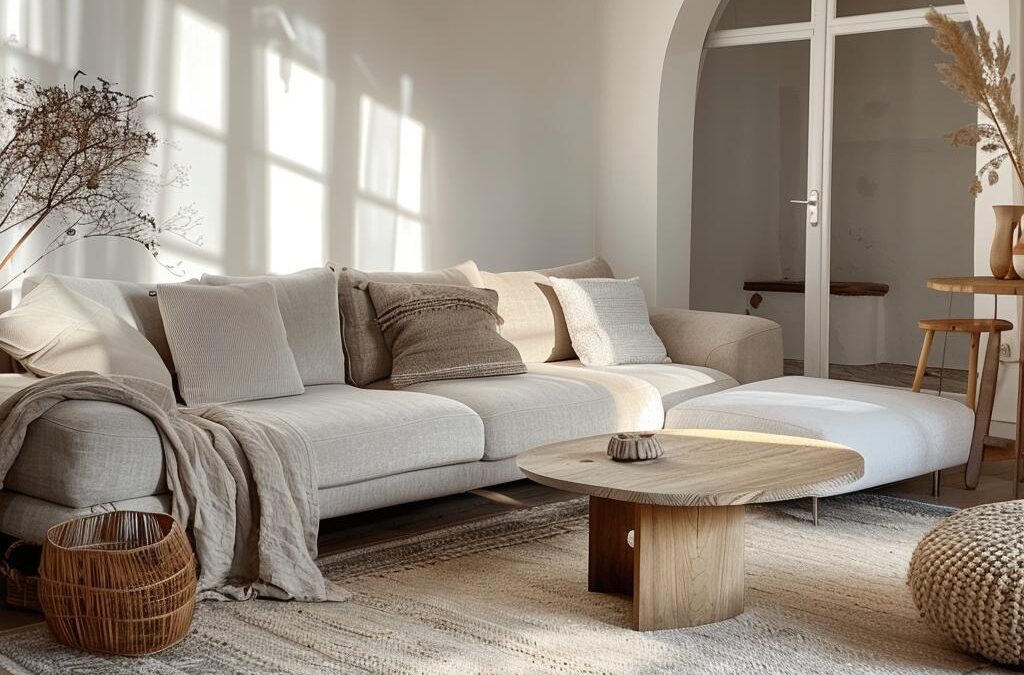 Modern living room featuring a light-colored sectional sofa with decorative pillows, a round wooden coffee table, and a cozy woven basket, emphasizing stylish upholstery care and furniture restoration in Lake Forest, IL.