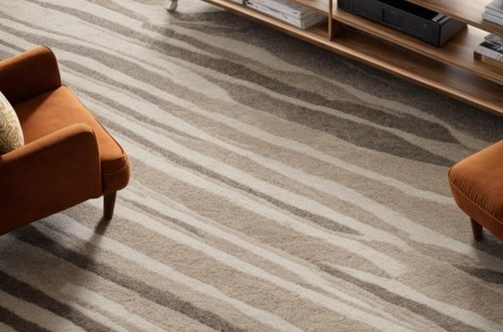 Carpet with striped pattern in a living room setting, featuring orange armchairs and a wooden shelf, highlighting the importance of professional carpet cleaning services for emergencies in Lake Forest.