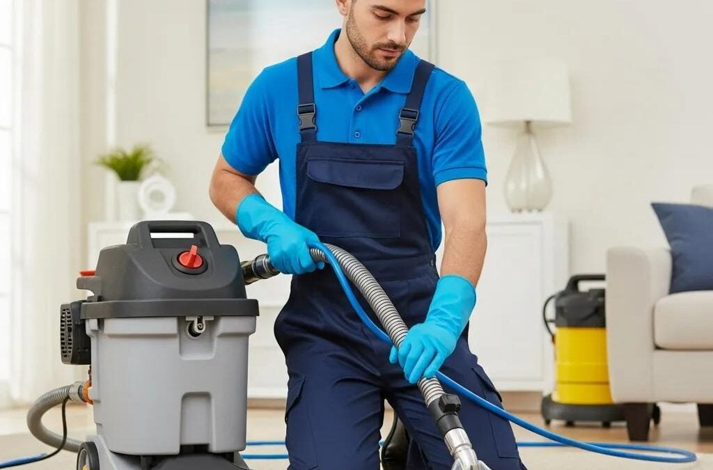 Professional carpet cleaning technician using hot water extraction in a bright living room, demonstrating effective carpet cleaning methods in Lake Forest, IL.