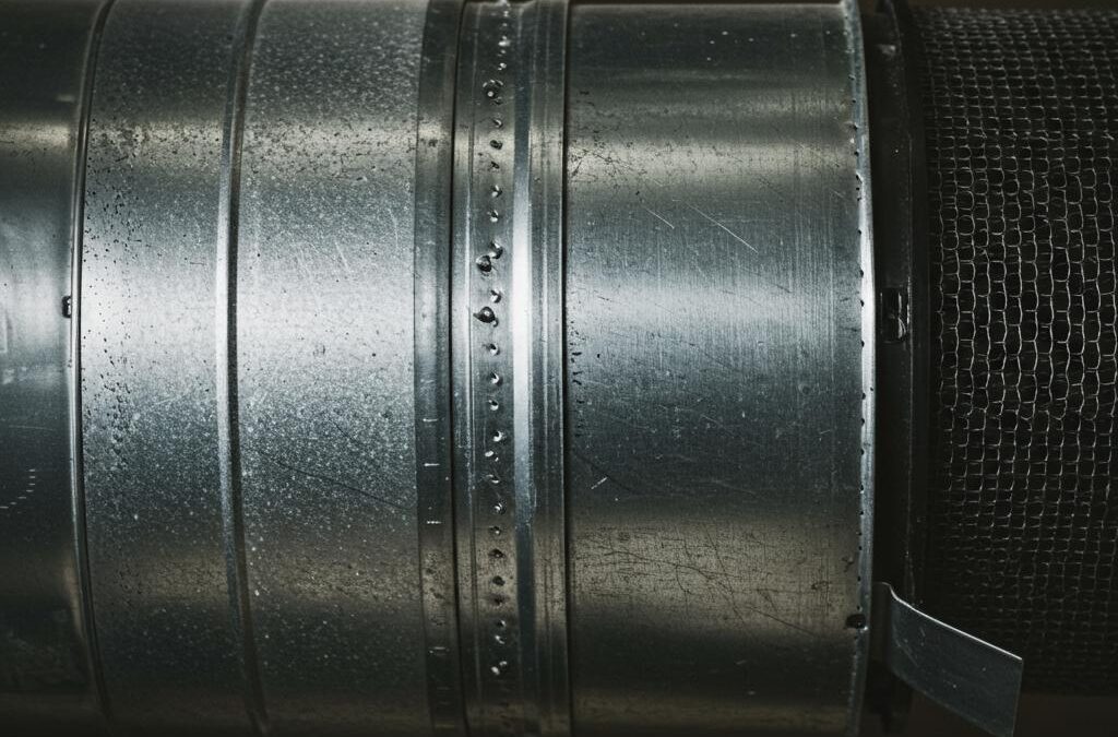 Close-up of a metallic air duct with visible water droplets, illustrating the need for professional duct cleaning to improve indoor air quality in Lake Forest homes during winter.