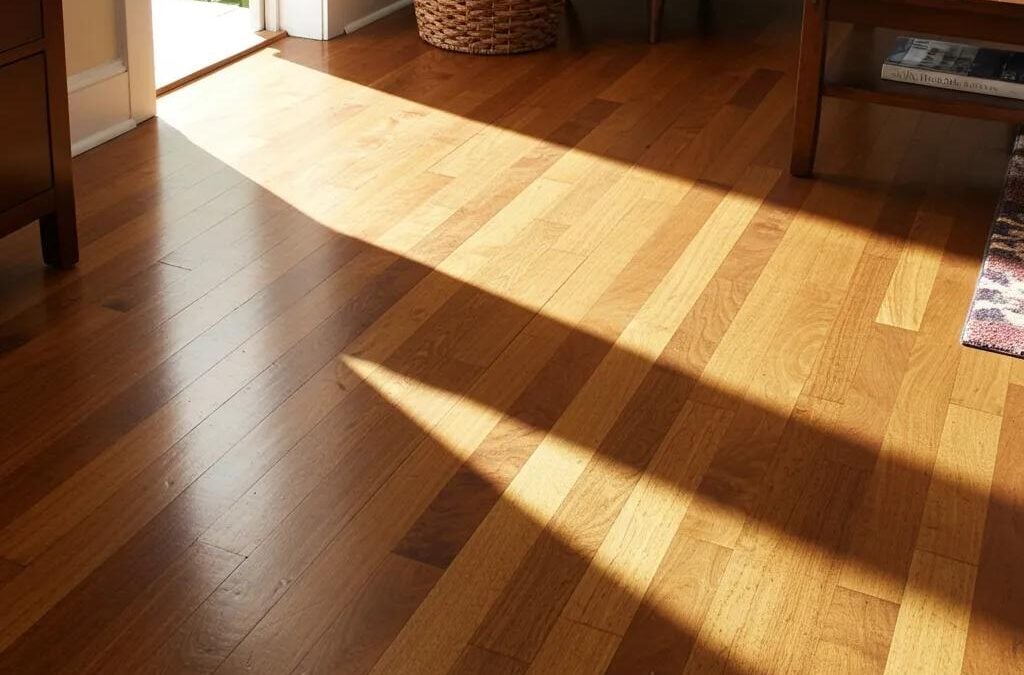 Shiny hardwood floor in a cozy living room with sunlight highlighting its beauty, emphasizing the importance of proper maintenance during winter conditions.