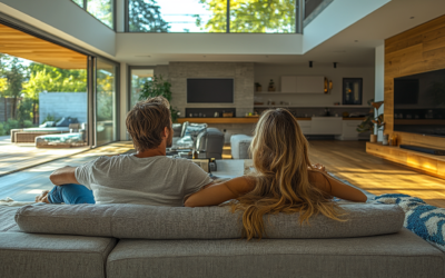 Couple relaxing on a modern sofa in an open-concept living room with large windows and natural light, showcasing a stylish, clean interior design relevant to Wiz Team Inc.'s home cleaning services.