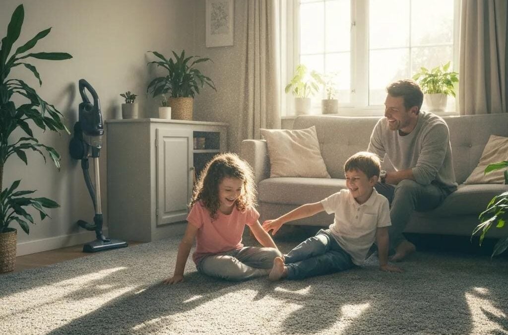Cozy living room with clean carpet, children playing, and a father enjoying family time, highlighting family health and indoor air quality.