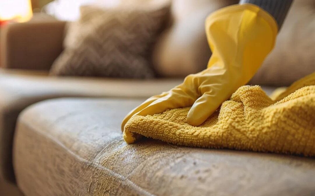 Person wearing yellow gloves cleaning upholstery with a yellow cloth, illustrating DIY upholstery cleaning methods in a home setting.