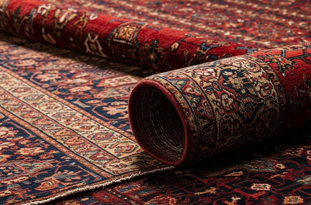 Area rug with intricate patterns and rich colors, partially rolled up, showcasing textile craftsmanship relevant to area rug cleaning services in Lake Forest, IL.