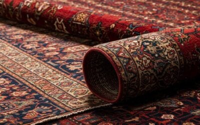 Persian area rug partially rolled up, showcasing intricate patterns and rich colors, relevant to area rug cleaning services in Lake Forest, IL.