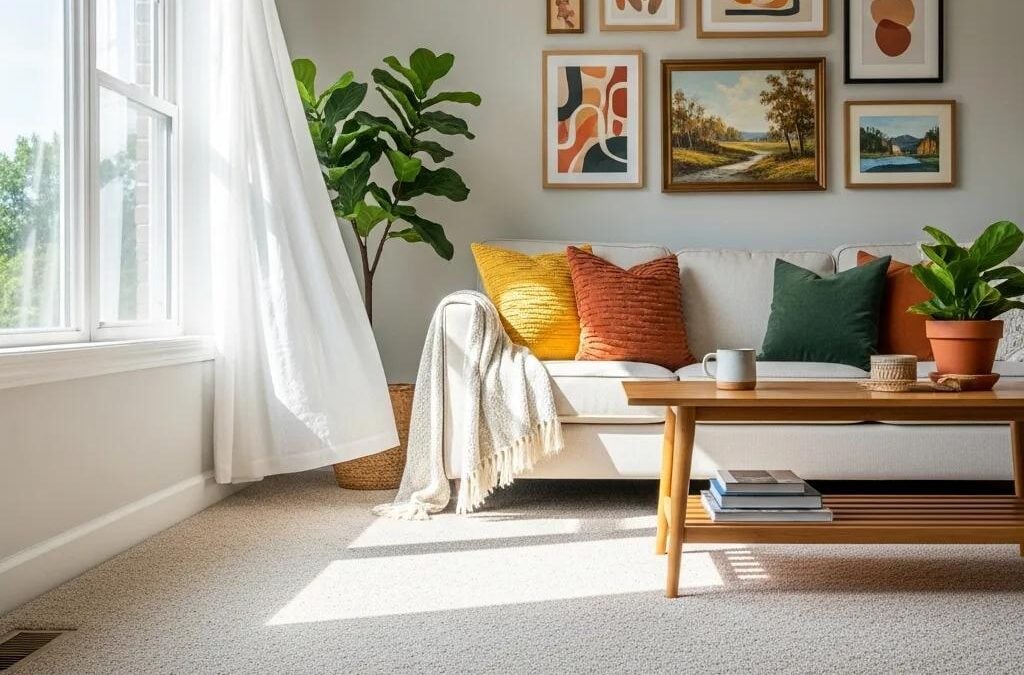 Bright living room with freshly cleaned carpet, cozy sofa adorned with colorful pillows, potted plants, and framed artwork, emphasizing comfort and cleanliness, relevant to professional carpet cleaning benefits.