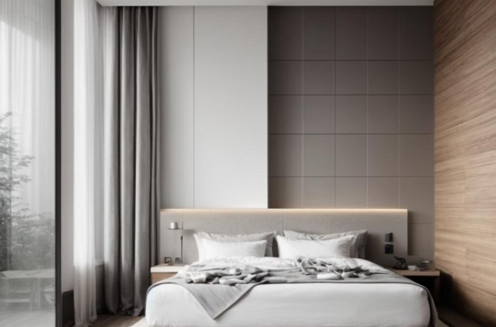 Modern bedroom with a neatly made bed, soft gray linens, and decorative pillows, featuring a minimalist design and large windows with sheer curtains, emphasizing a clean and inviting sleep environment.